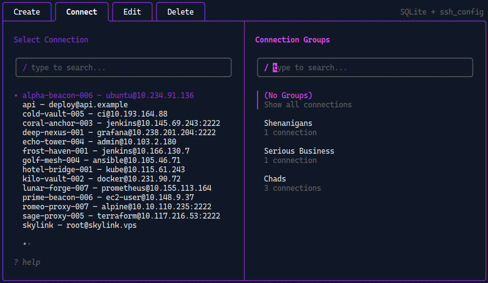 Grouping pane selected in dssh TUI